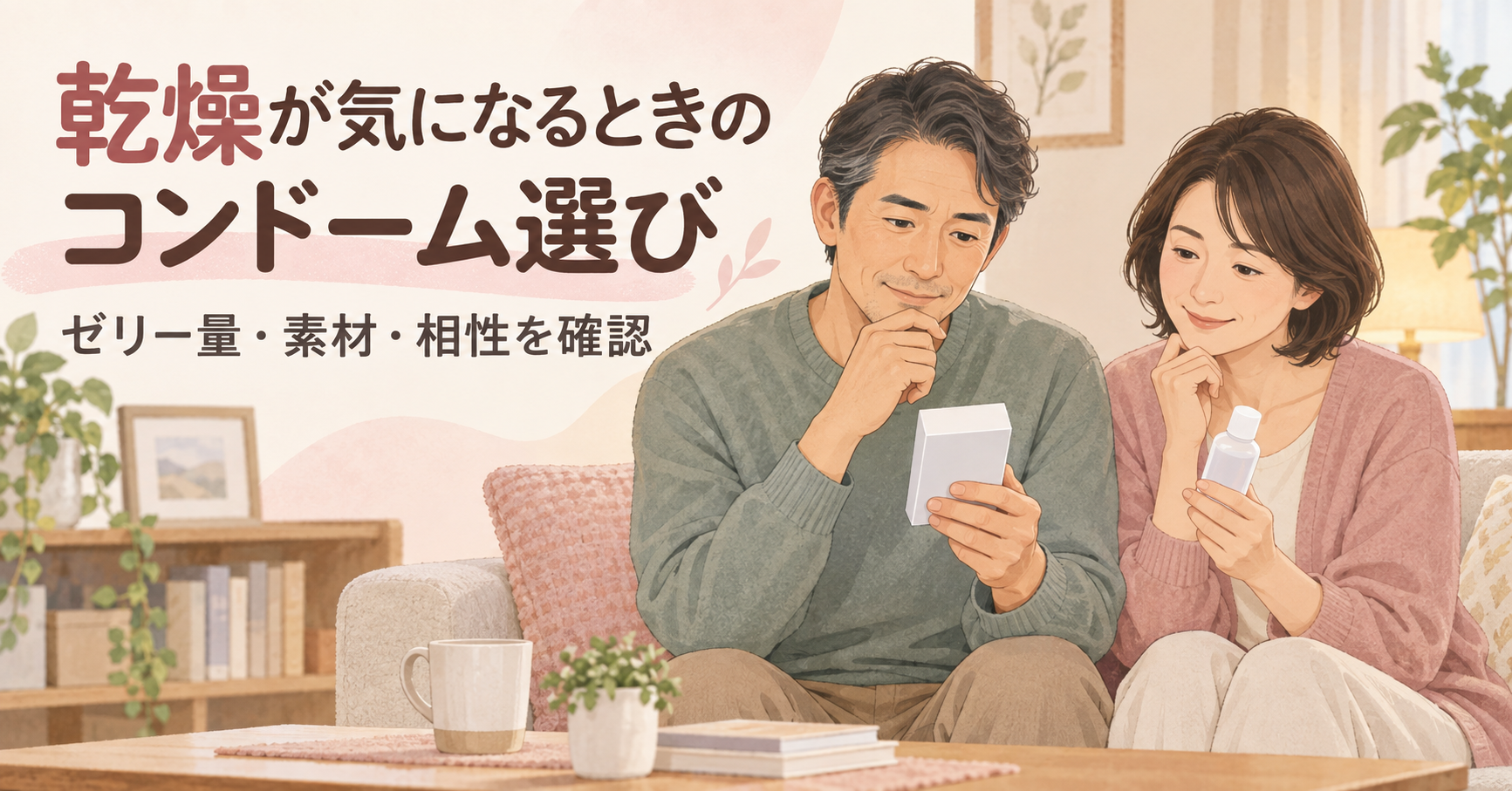 乾燥が気になるときのコンドーム選びを確認する40代のカップルのイラスト