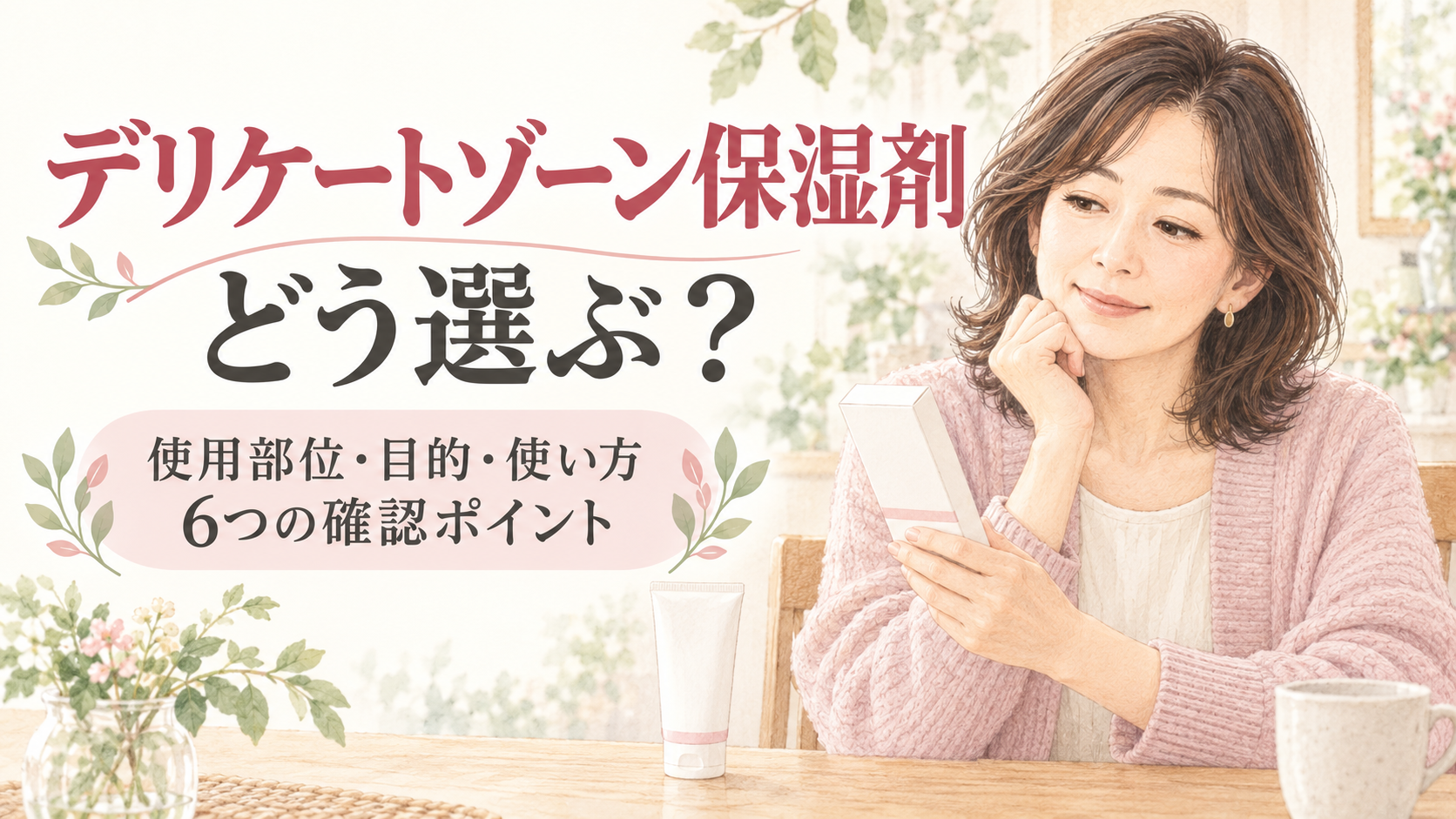 保湿剤の説明表示を確認する女性と、使用部位・目的・使い方の確認ポイントを示すイラスト